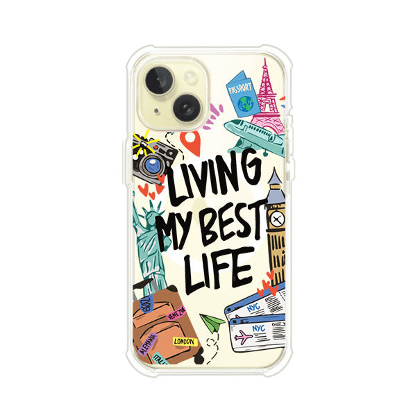 Funda personalizada para iPhone con frase 'Living My Best Life' y diseño de elementos viajeros como maletas, torre Eiffel, Big Ben y boletos de avión; producto de Remark MX
