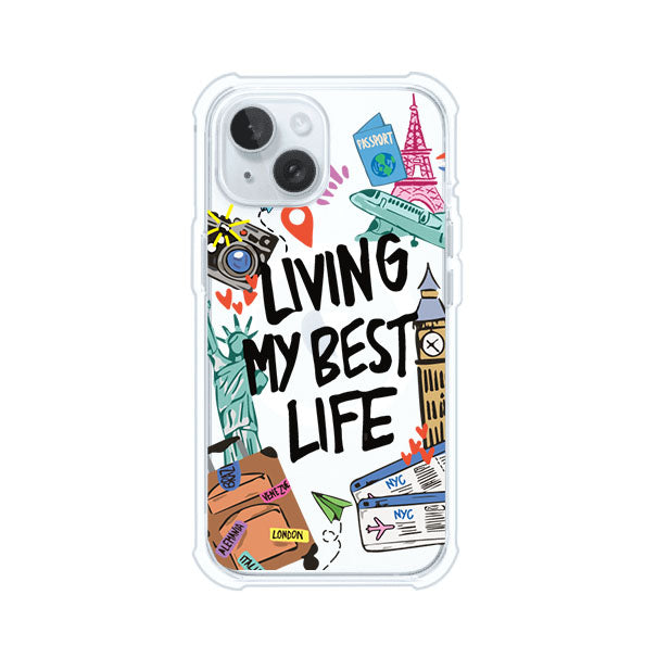 Funda personalizada para iPhone con frase 'Living My Best Life' y diseño de elementos viajeros como maletas, torre Eiffel, Big Ben y boletos de avión; producto de Remark MX