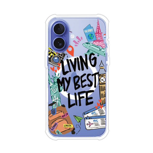 Funda personalizada para iPhone con frase 'Living My Best Life' y diseño de elementos viajeros como maletas, torre Eiffel, Big Ben y boletos de avión; producto de Remark MX