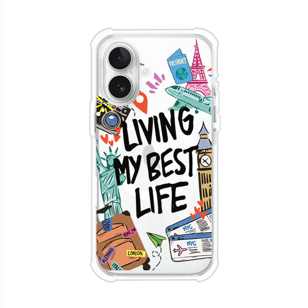 Funda personalizada para iPhone con frase 'Living My Best Life' y diseño de elementos viajeros como maletas, torre Eiffel, Big Ben y boletos de avión; producto de Remark MX