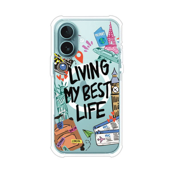 Funda personalizada para iPhone con frase 'Living My Best Life' y diseño de elementos viajeros como maletas, torre Eiffel, Big Ben y boletos de avión; producto de Remark MX