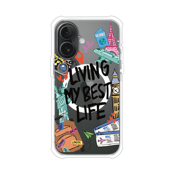 Funda personalizada para iPhone con frase 'Living My Best Life' y diseño de elementos viajeros como maletas, torre Eiffel, Big Ben y boletos de avión; producto de Remark MX