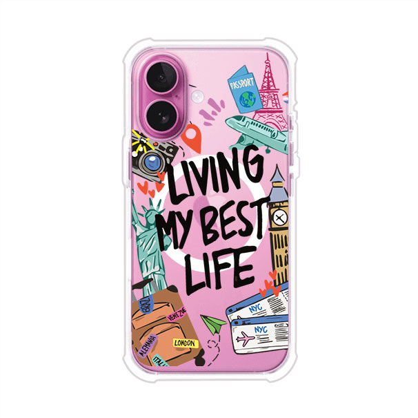 Funda personalizada para iPhone con frase 'Living My Best Life' y diseño de elementos viajeros como maletas, torre Eiffel, Big Ben y boletos de avión; producto de Remark MX