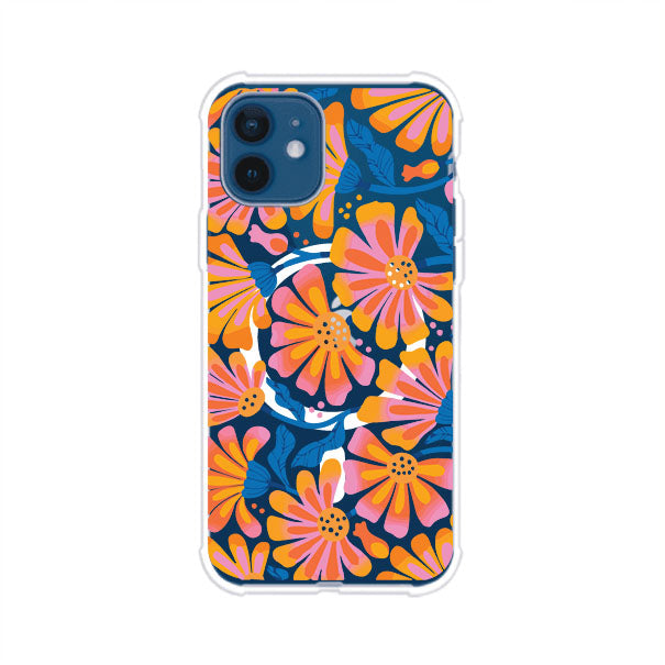 Funda personalizada para iPhone con diseño floral estilo Sunset Blossom en tonos naranjas, rosas y azules. Ideal para primavera/verano, producto de Remark MX