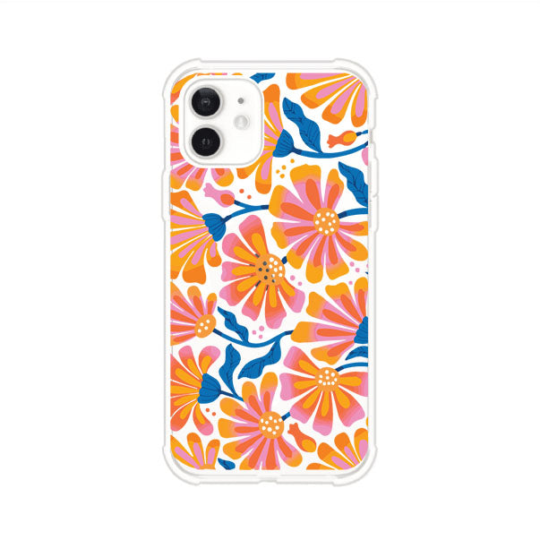 Funda personalizada para iPhone con diseño floral estilo Sunset Blossom en tonos naranjas, rosas y azules. Ideal para primavera/verano, producto de Remark MX