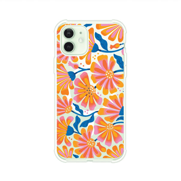 Funda personalizada para iPhone con diseño floral estilo Sunset Blossom en tonos naranjas, rosas y azules. Ideal para primavera/verano, producto de Remark MX