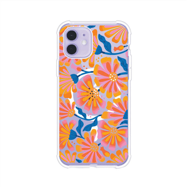 Funda personalizada para iPhone con diseño floral estilo Sunset Blossom en tonos naranjas, rosas y azules. Ideal para primavera/verano, producto de Remark MX