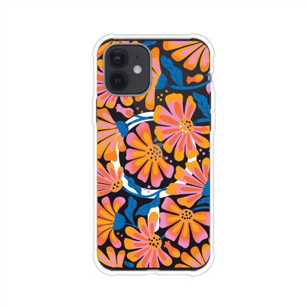 Funda personalizada para iPhone con diseño floral estilo Sunset Blossom en tonos naranjas, rosas y azules. Ideal para primavera/verano, producto de Remark MX