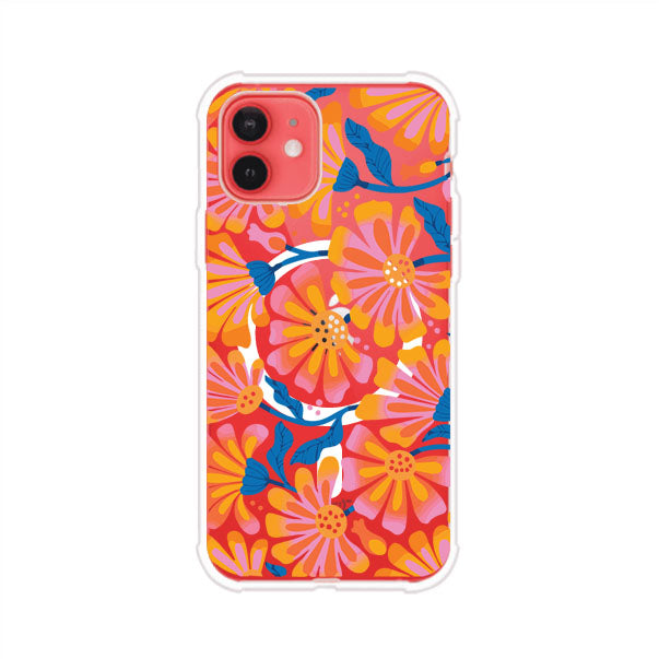 Funda personalizada para iPhone con diseño floral estilo Sunset Blossom en tonos naranjas, rosas y azules. Ideal para primavera/verano, producto de Remark MX