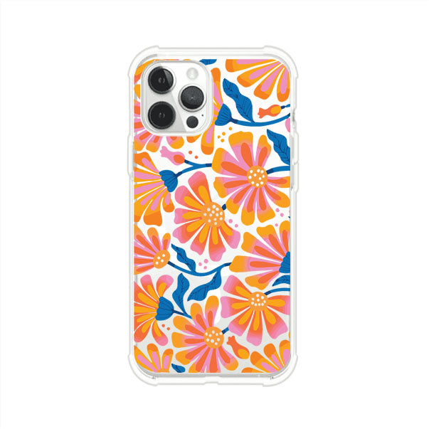 Funda personalizada para iPhone con diseño floral estilo Sunset Blossom en tonos naranjas, rosas y azules. Ideal para primavera/verano, producto de Remark MX