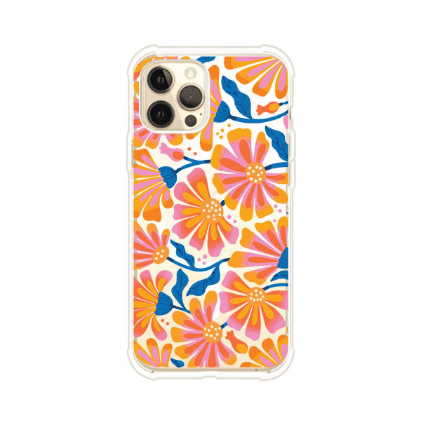 Funda personalizada para iPhone con diseño floral estilo Sunset Blossom en tonos naranjas, rosas y azules. Ideal para primavera/verano, producto de Remark MX