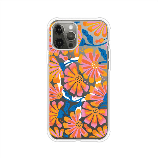 Funda personalizada para iPhone con diseño floral estilo Sunset Blossom en tonos naranjas, rosas y azules. Ideal para primavera/verano, producto de Remark MX