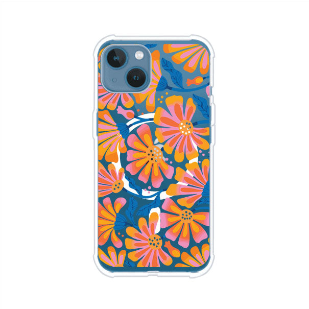 Funda personalizada para iPhone con diseño floral estilo Sunset Blossom en tonos naranjas, rosas y azules. Ideal para primavera/verano, producto de Remark MX