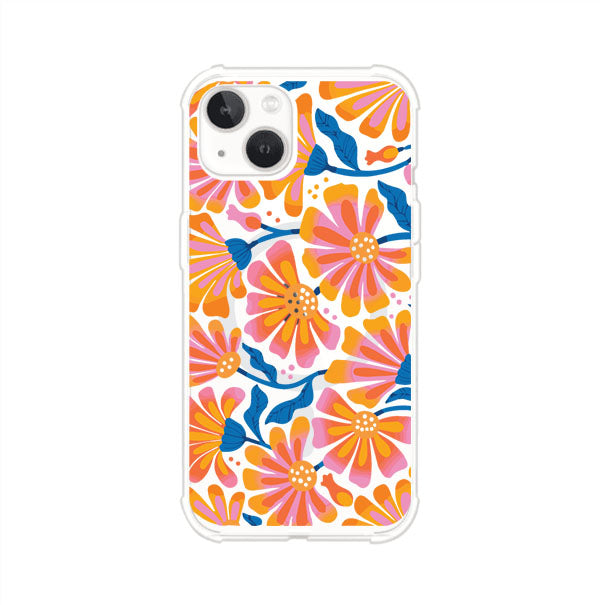 Funda personalizada para iPhone con diseño floral estilo Sunset Blossom en tonos naranjas, rosas y azules. Ideal para primavera/verano, producto de Remark MX