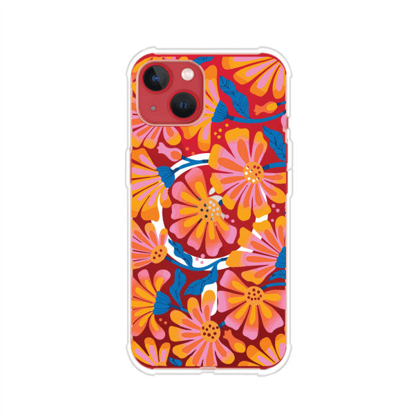Funda personalizada para iPhone con diseño floral estilo Sunset Blossom en tonos naranjas, rosas y azules. Ideal para primavera/verano, producto de Remark MX