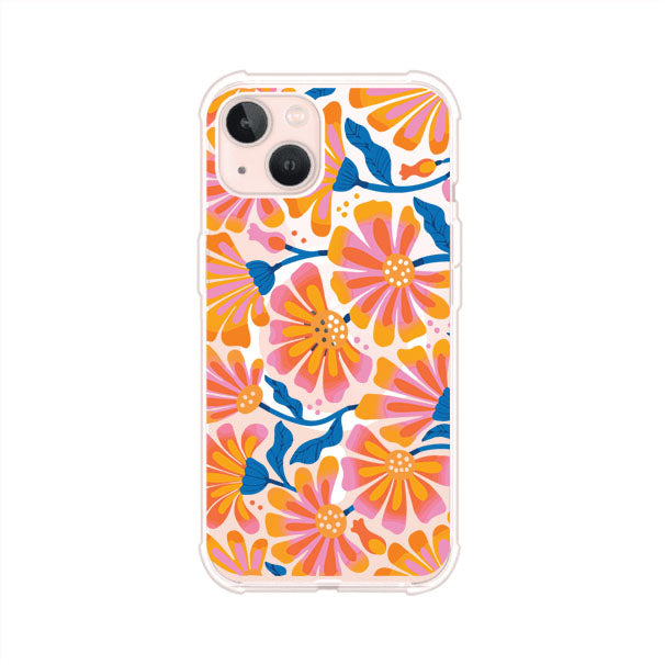 Funda personalizada para iPhone con diseño floral estilo Sunset Blossom en tonos naranjas, rosas y azules. Ideal para primavera/verano, producto de Remark MX