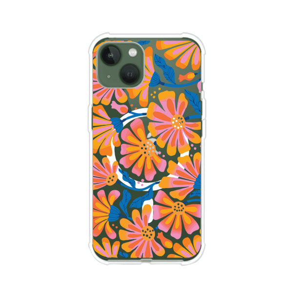 Funda personalizada para iPhone con diseño floral estilo Sunset Blossom en tonos naranjas, rosas y azules. Ideal para primavera/verano, producto de Remark MX