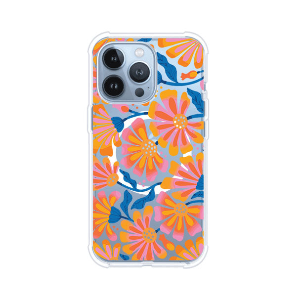 Funda personalizada para iPhone con diseño floral estilo Sunset Blossom en tonos naranjas, rosas y azules. Ideal para primavera/verano, producto de Remark MX