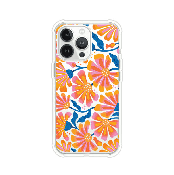 Funda personalizada para iPhone con diseño floral estilo Sunset Blossom en tonos naranjas, rosas y azules. Ideal para primavera/verano, producto de Remark MX