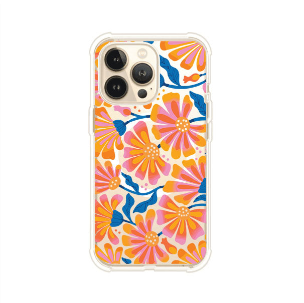 Funda personalizada para iPhone con diseño floral estilo Sunset Blossom en tonos naranjas, rosas y azules. Ideal para primavera/verano, producto de Remark MX
