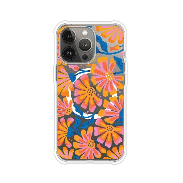 Funda personalizada para iPhone con diseño floral estilo Sunset Blossom en tonos naranjas, rosas y azules. Ideal para primavera/verano, producto de Remark MX