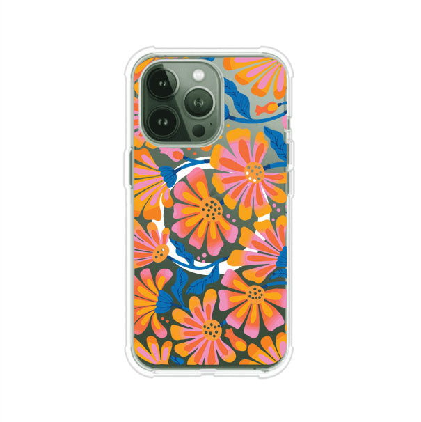 Funda personalizada para iPhone con diseño floral estilo Sunset Blossom en tonos naranjas, rosas y azules. Ideal para primavera/verano, producto de Remark MX