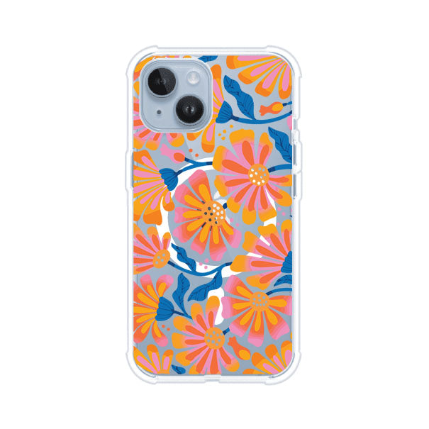 Funda personalizada para iPhone con diseño floral estilo Sunset Blossom en tonos naranjas, rosas y azules. Ideal para primavera/verano, producto de Remark MX