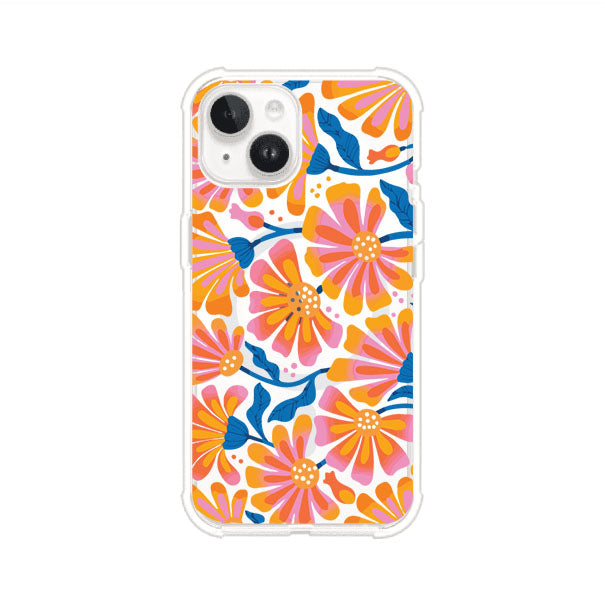 Funda personalizada para iPhone con diseño floral estilo Sunset Blossom en tonos naranjas, rosas y azules. Ideal para primavera/verano, producto de Remark MX