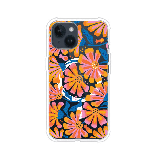 Funda personalizada para iPhone con diseño floral estilo Sunset Blossom en tonos naranjas, rosas y azules. Ideal para primavera/verano, producto de Remark MX