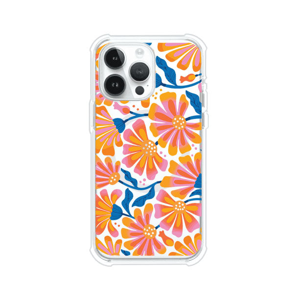 Funda personalizada para iPhone con diseño floral estilo Sunset Blossom en tonos naranjas, rosas y azules. Ideal para primavera/verano, producto de Remark MX