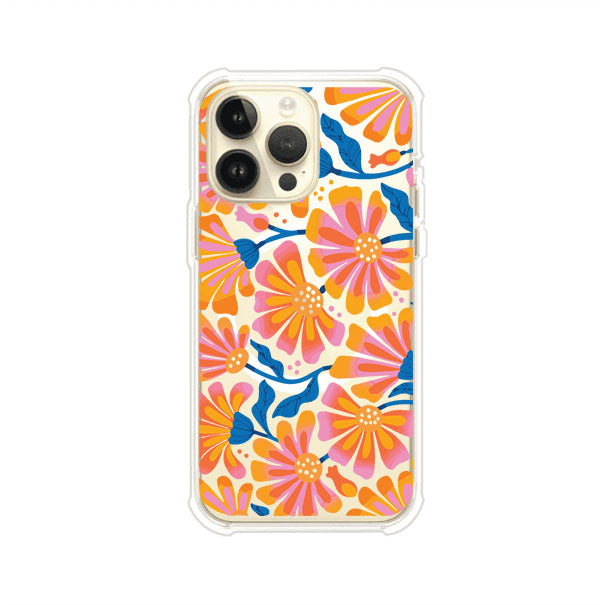 Funda personalizada para iPhone con diseño floral estilo Sunset Blossom en tonos naranjas, rosas y azules. Ideal para primavera/verano, producto de Remark MX