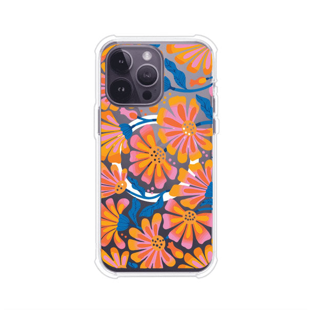 Funda personalizada para iPhone con diseño floral estilo Sunset Blossom en tonos naranjas, rosas y azules. Ideal para primavera/verano, producto de Remark MX