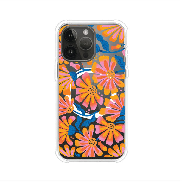 Funda personalizada para iPhone con diseño floral estilo Sunset Blossom en tonos naranjas, rosas y azules. Ideal para primavera/verano, producto de Remark MX