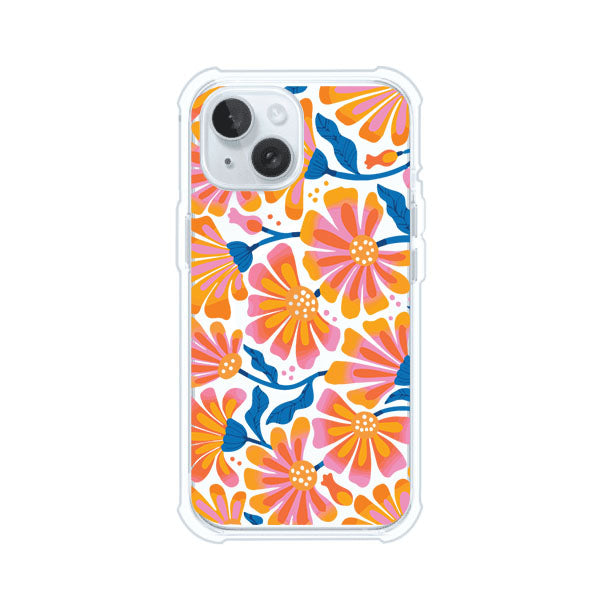 Funda personalizada para iPhone con diseño floral estilo Sunset Blossom en tonos naranjas, rosas y azules. Ideal para primavera/verano, producto de Remark MX
