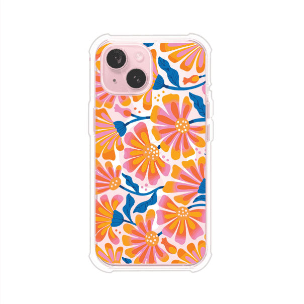 Funda personalizada para iPhone con diseño floral estilo Sunset Blossom en tonos naranjas, rosas y azules. Ideal para primavera/verano, producto de Remark MX