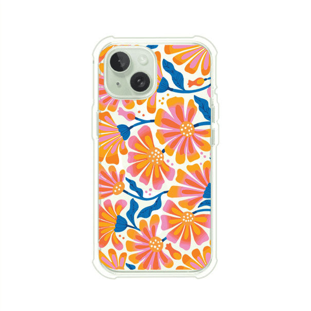 Funda personalizada para iPhone con diseño floral estilo Sunset Blossom en tonos naranjas, rosas y azules. Ideal para primavera/verano, producto de Remark MX