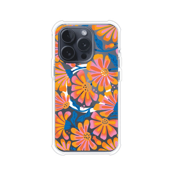 Funda personalizada para iPhone con diseño floral estilo Sunset Blossom en tonos naranjas, rosas y azules. Ideal para primavera/verano, producto de Remark MX