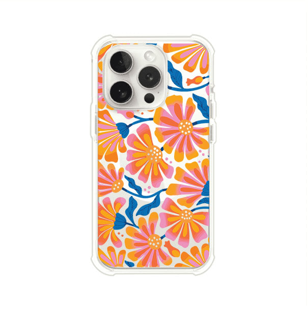 Funda personalizada para iPhone con diseño floral estilo Sunset Blossom en tonos naranjas, rosas y azules. Ideal para primavera/verano, producto de Remark MX