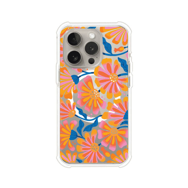 Funda personalizada para iPhone con diseño floral estilo Sunset Blossom en tonos naranjas, rosas y azules. Ideal para primavera/verano, producto de Remark MX