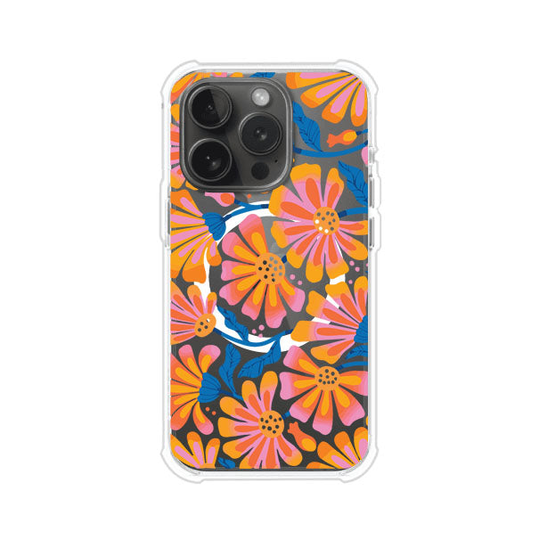 Funda personalizada para iPhone con diseño floral estilo Sunset Blossom en tonos naranjas, rosas y azules. Ideal para primavera/verano, producto de Remark MX