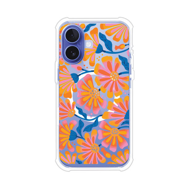 Funda personalizada para iPhone con diseño floral estilo Sunset Blossom en tonos naranjas, rosas y azules. Ideal para primavera/verano, producto de Remark MX