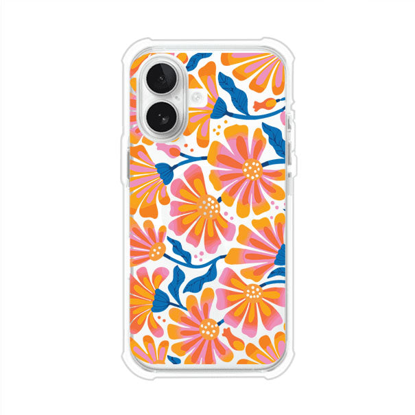 Funda personalizada para iPhone con diseño floral estilo Sunset Blossom en tonos naranjas, rosas y azules. Ideal para primavera/verano, producto de Remark MX