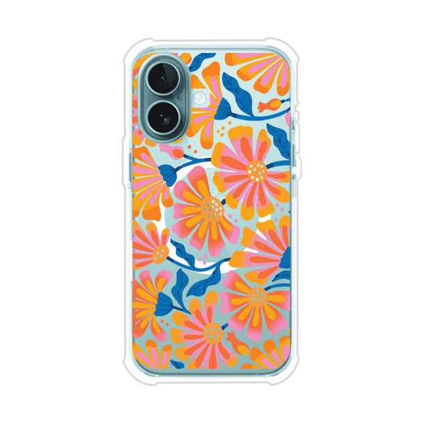 Funda personalizada para iPhone con diseño floral estilo Sunset Blossom en tonos naranjas, rosas y azules. Ideal para primavera/verano, producto de Remark MX