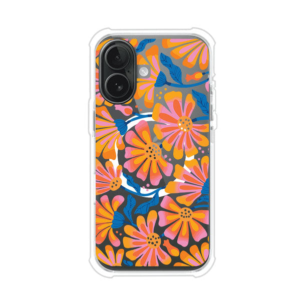 Funda personalizada para iPhone con diseño floral estilo Sunset Blossom en tonos naranjas, rosas y azules. Ideal para primavera/verano, producto de Remark MX