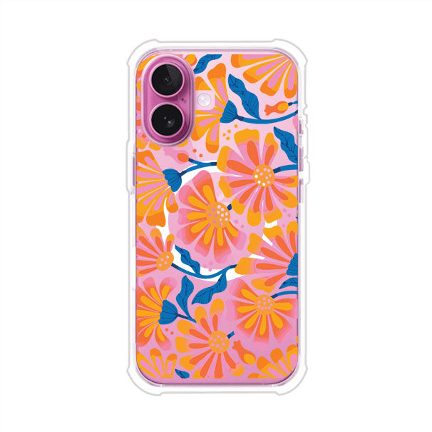 Funda personalizada para iPhone con diseño floral estilo Sunset Blossom en tonos naranjas, rosas y azules. Ideal para primavera/verano, producto de Remark MX