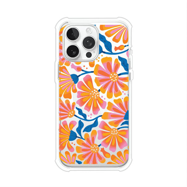 Funda personalizada para iPhone con diseño floral estilo Sunset Blossom en tonos naranjas, rosas y azules. Ideal para primavera/verano, producto de Remark MX