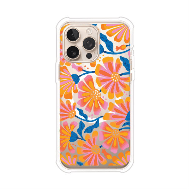 Funda personalizada para iPhone con diseño floral estilo Sunset Blossom en tonos naranjas, rosas y azules. Ideal para primavera/verano, producto de Remark MX