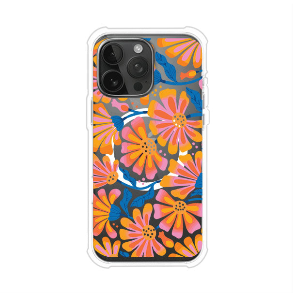 Funda personalizada para iPhone con diseño floral estilo Sunset Blossom en tonos naranjas, rosas y azules. Ideal para primavera/verano, producto de Remark MX