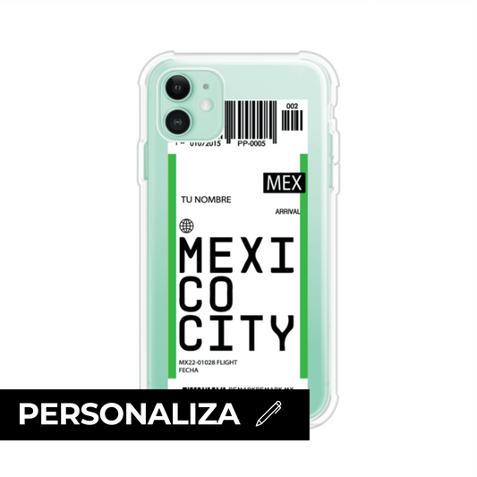 Funda personalizada estilo pase de abordar con diseño de Mexico y código MEX, personalizable con nombre y datos de vuelo; producto de Remark MX para iPhone