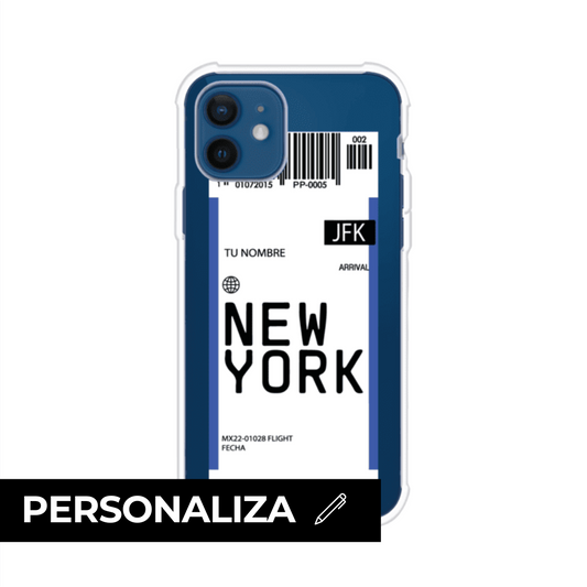Funda personalizada estilo pase de abordar con diseño de Nueva York y código JFK, personalizable con nombre y datos de vuelo; producto de Remark MX para iPhone
